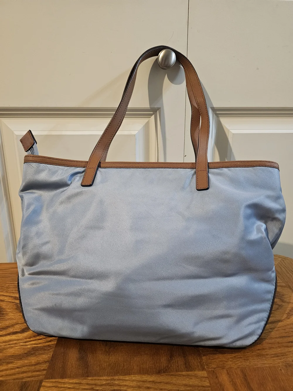 Michael Kors Light Blue Nylon Tote with Brown Leather Trim